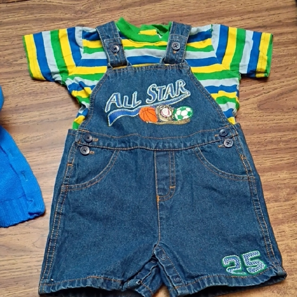 🛝Vintage Baby Togs Blue Cardigan and Denim Overalls Set